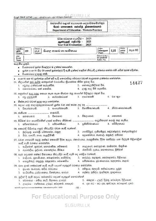 Grade 9 Sinhala Third Term 2025 Western Province (SM) thumbnail